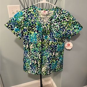 NEW White Cross Confetti Cool Women Scrub Top Extra Small XS Blue Green Shirt